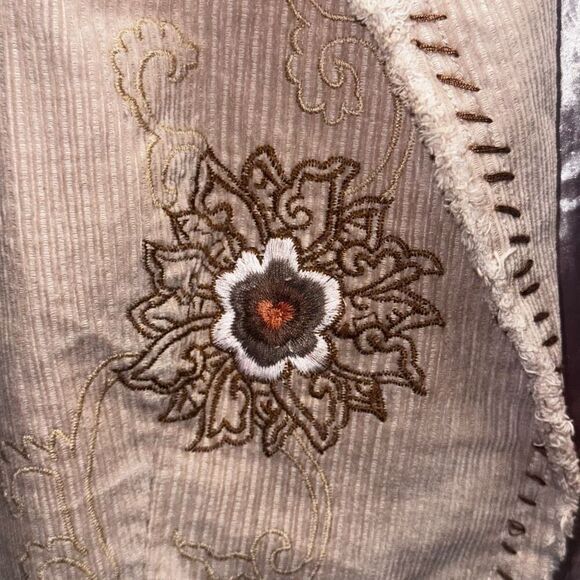 Y2K AZIZ Brown Tan Embroidered Corduroy Crop Jacket Coat women's size Medium - Picture 2 of 9